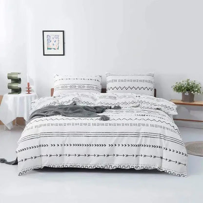 White bedding set with black geometric patterns in decorbites boho chic stripe microfiber snowflake design