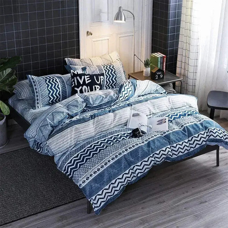 Blue and white microfiber bedding set with geometric boho chic stripe pattern from decorbites for stylish bedroom decor