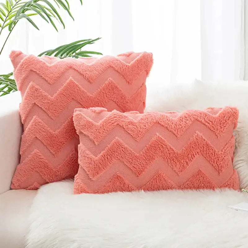 Coral-colored plush throw pillows with textured zigzag pattern for decorbites boho chic pillow cover bedroom decor