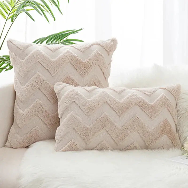 Cream-colored plush throw pillows with textured zigzag pattern boho chic pillow cover for decorbites bedroom decor