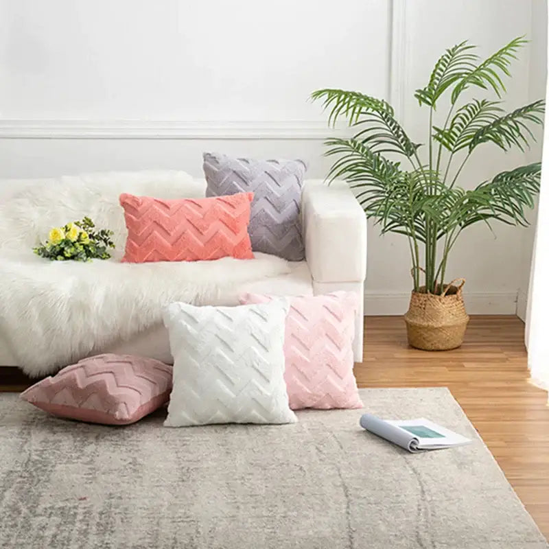 Set of five boho chic pillow covers in soft pastel hues with textured chevron pattern and plush fabric decorbites decor