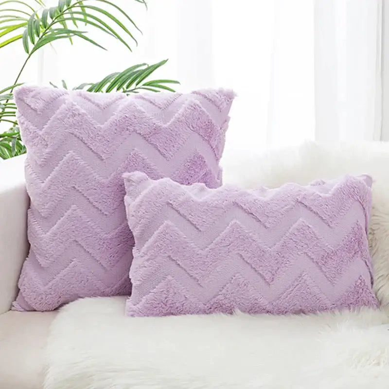Soft lavender boho chic pillow cover with textured chevron pattern and plush fuzzy fabric for bedroom decorbites decor