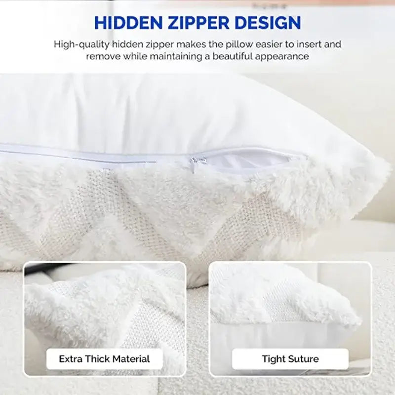 White faux fur chevron boho chic pillow cover with textured fluffy exterior and hidden zipper for easy removal decorbites boho chic pillow