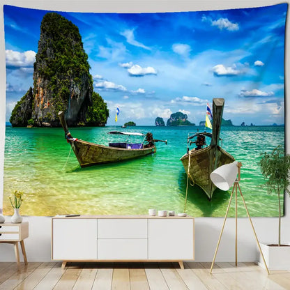Bohobite coastal cave tapestry wall hanging featuring vibrant tropical beach with boats and limestone cliffs decorbites coastal cave