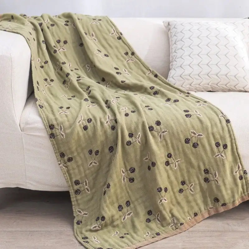 Olive green decorbites boho cotton gauze bath towel with embroidered black and beige cherry patterns for bathroom wrap