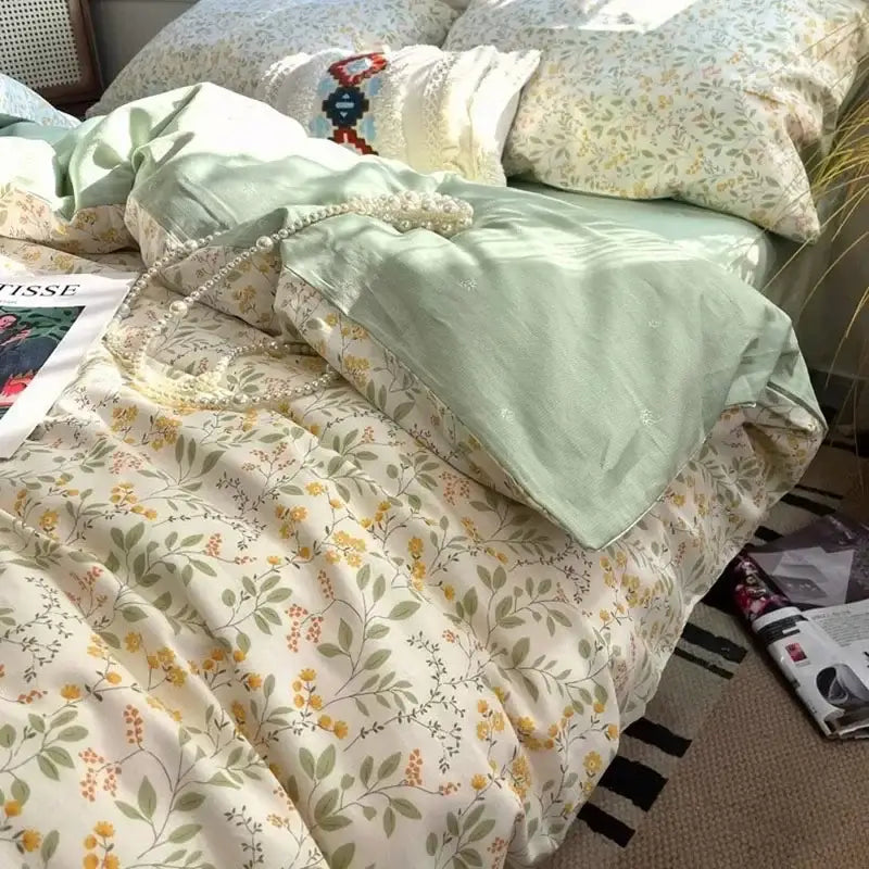 Boho cotton printed cream floral bedding set with mint green satin pillowcase and matching quilted botanical bedspread