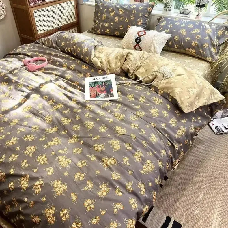 Gray and gold floral patterned satin duvet set from decorbites boho cotton printed cream floral bedding set