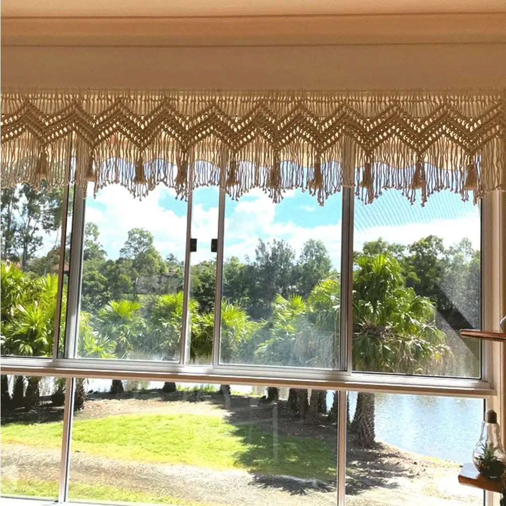 Beige macrame window valance with zigzag pattern and tassels in boho cotton wove door decorbites boho cotton style