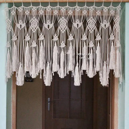 Cream-colored boho cotton wove door curtain with intricate macrame knotwork and tassels for bedroom decorbites decor
