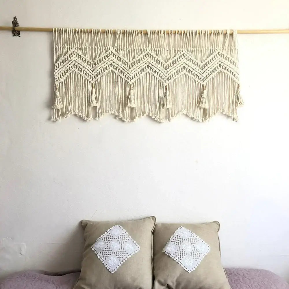 Cream-colored boho cotton wove macrame wall hanging with zigzag pattern and tassels for cotton wove door decorbites decor
