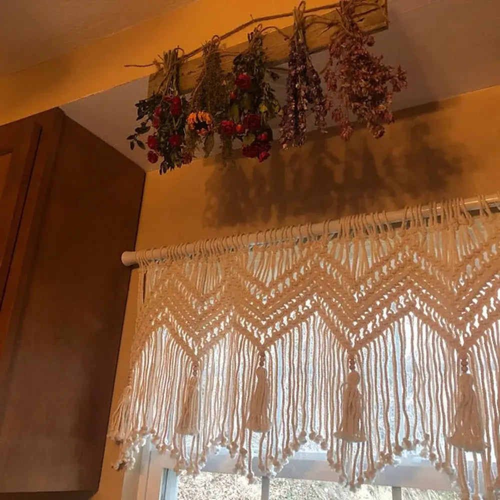 Cream-colored boho cotton wove macrame window valance with tassels and chevron pattern for decorbites bedroom decor