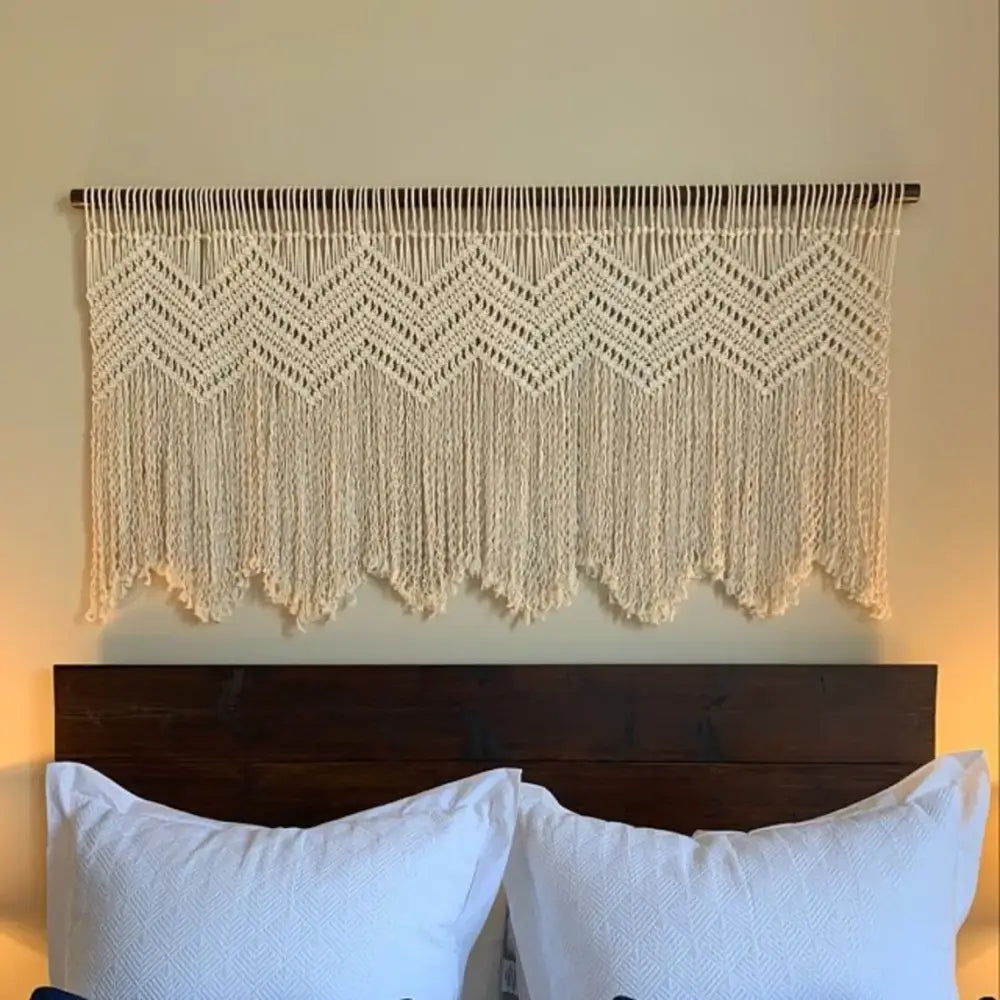 Cream-colored boho cotton wove macrame wall hanging with zigzag pattern and fringe for decorbites cotton wove door decor