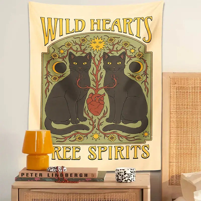 Boho cream and black cat hearts tapestry wall hanging with two black cats yellow eyes red heart and ornate floral decorbites cat hearts