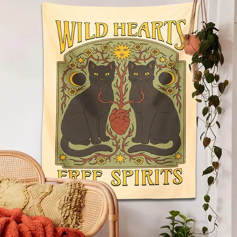 Boho cream and black cat hearts tapestry wall hanging with two black cats yellow eyes red heart decorbites cat hearts