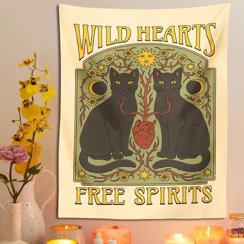 Boho cream and black cat hearts tapestry wall hanging features two black cats with yellow eyes and decorative suns moons flowers in green gold tones decorbites cat hearts