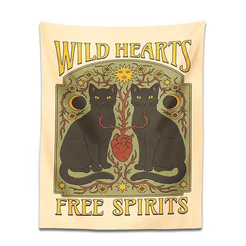 Cream-colored cat hearts tapestry wall hanging with black cats red heart and floral decorbites cat hearts design