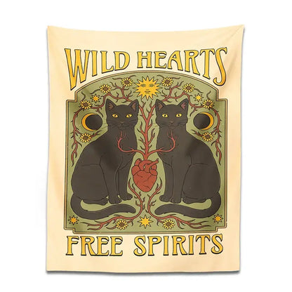 Cream-colored boho cat hearts tapestry wall hanging with black cats yellow eyes red heart and floral decorbites cat hearts decor