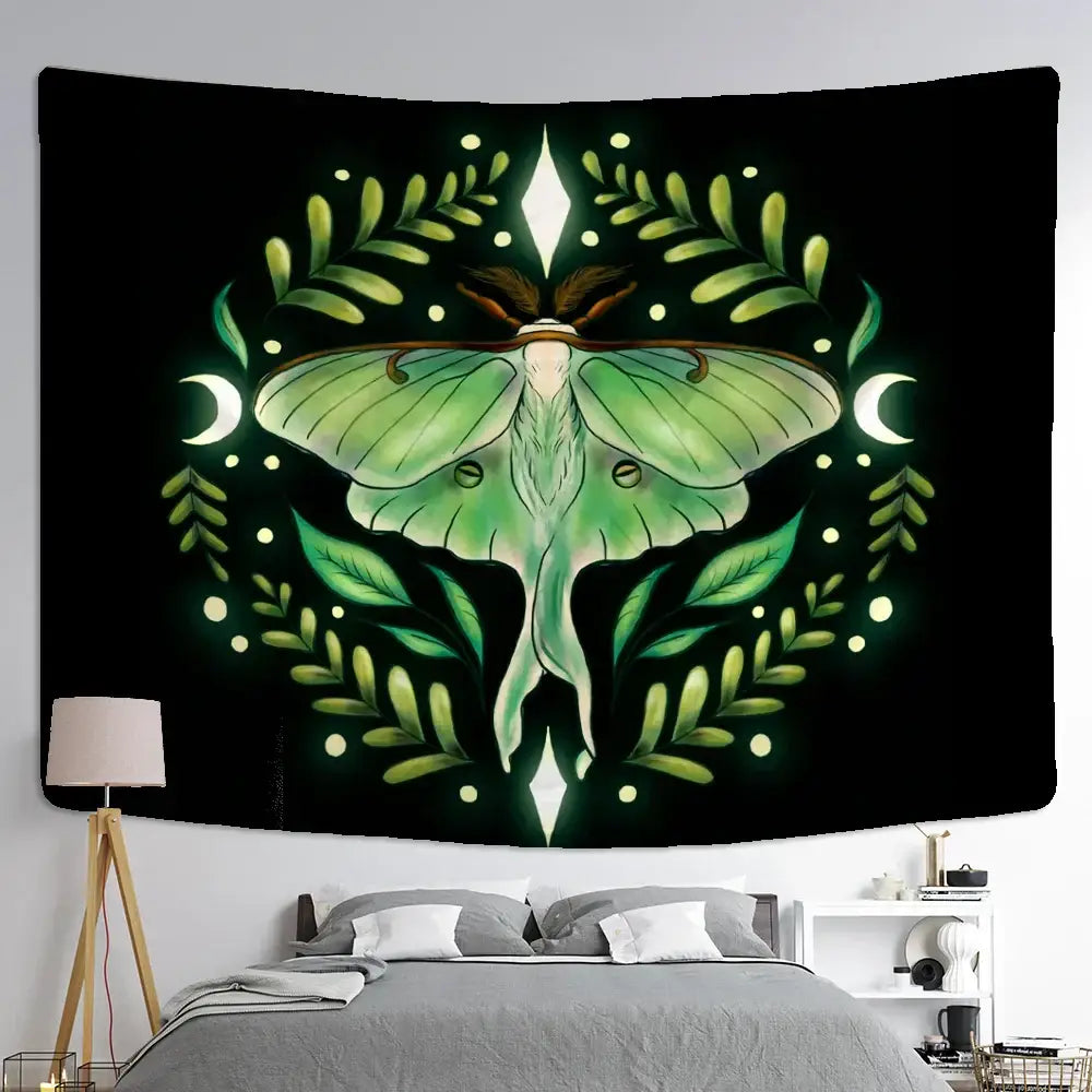 A black decorbites butterfly tapestry with a glowing green moth and intricate leaf and moon designs for bedroom decor