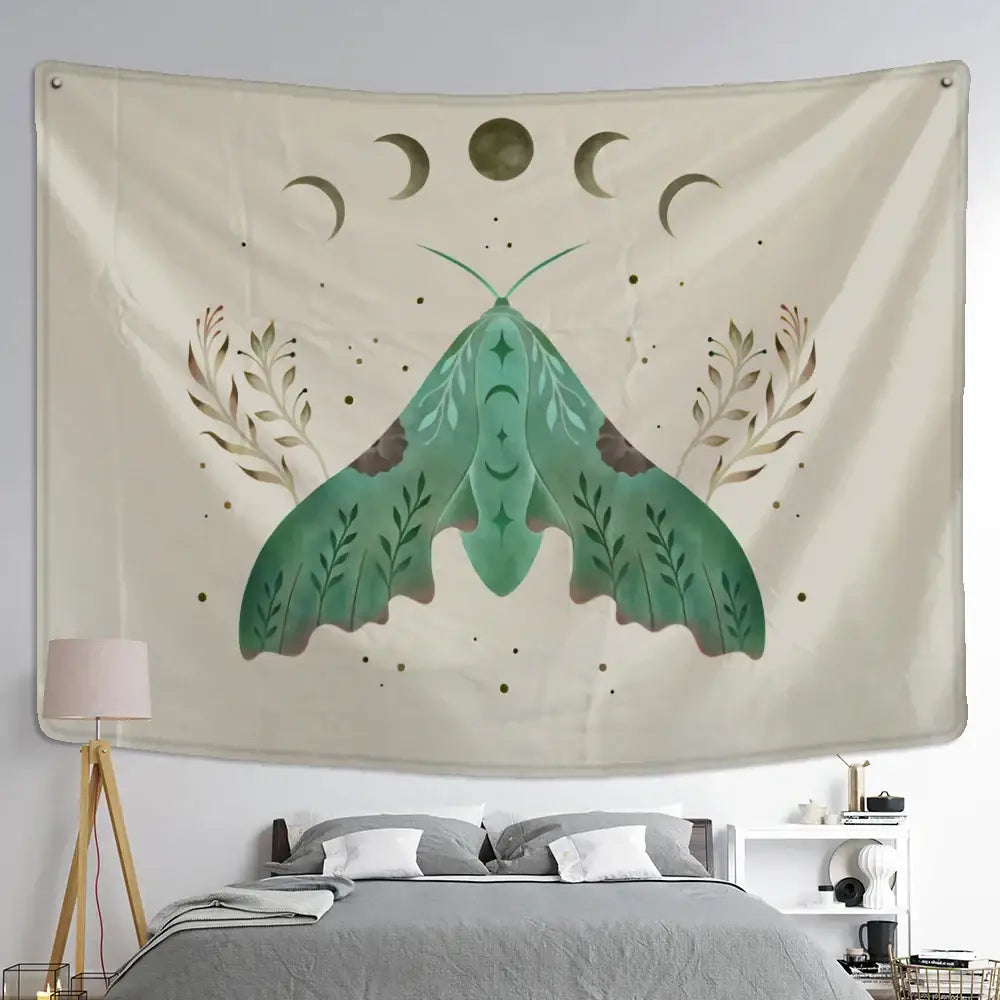 Cream-colored boho bedroom wall hanging with a green and brown moth and moon phases decorbites butterfly tapestry
