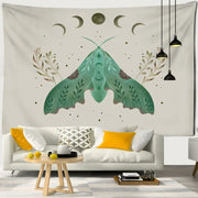 Boho cream and green butterfly tapestry wall hanging featuring a central leafy moth and crescent moons for decorbites butterfly tapestry decor