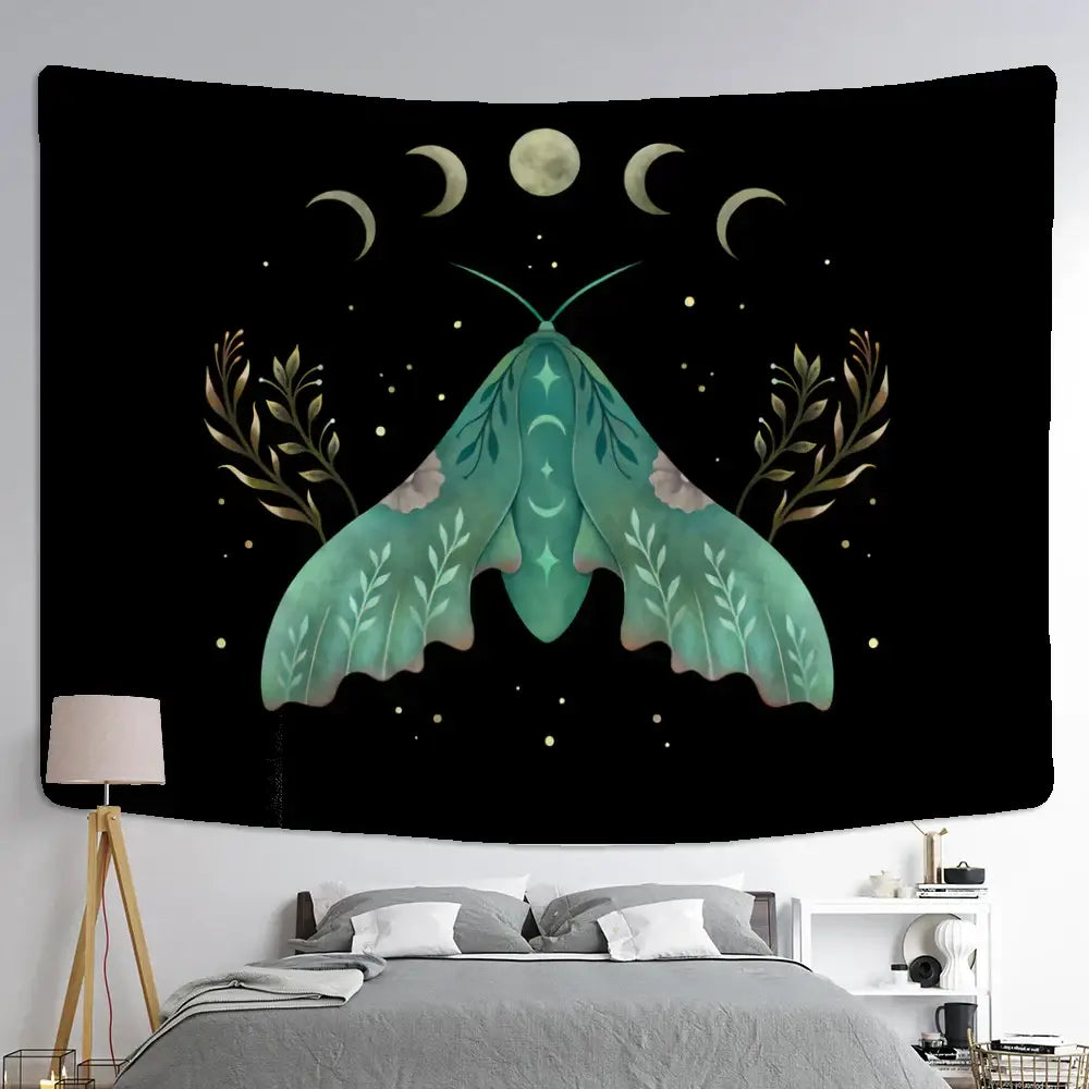 Boho cream and green butterfly tapestry with teal moth and crescent moon motifs on black celestial tapestry decorbites butterfly