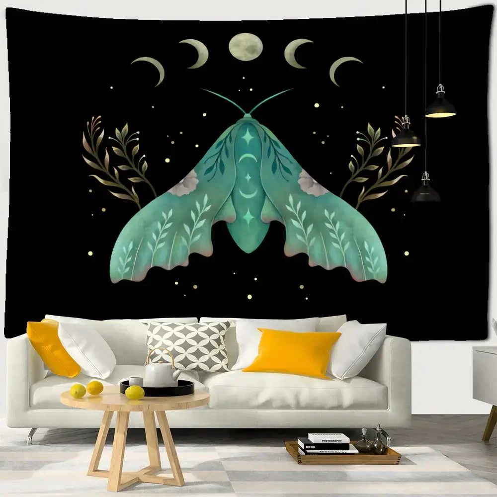 Boho cream and green butterfly tapestry featuring a teal moth with leaf and moon patterns for decorbites butterfly tapestry decor