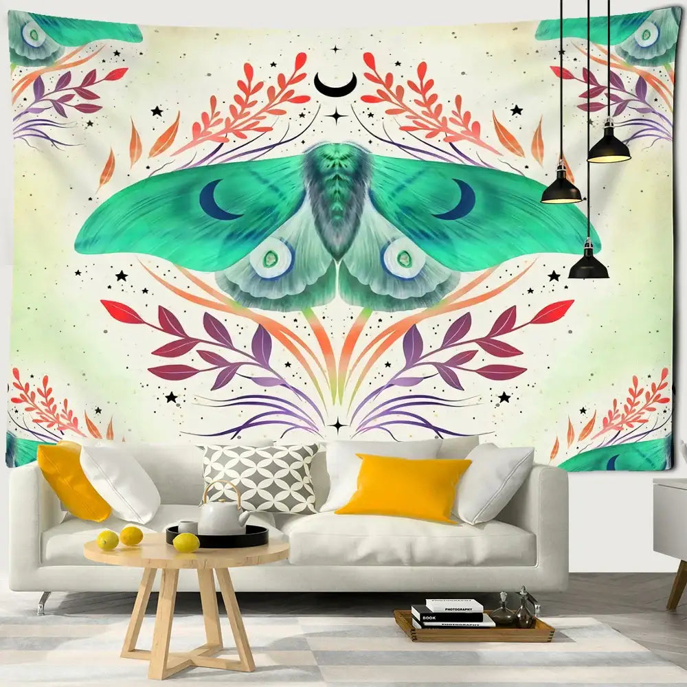 Boho cream and green butterfly tapestry featuring vibrant leaf patterns and star motifs for bedroom wall decorbites butterfly tapestry