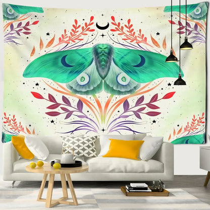 Boho cream and green butterfly tapestry featuring vibrant leaf patterns and star motifs for bedroom wall decorbites butterfly tapestry