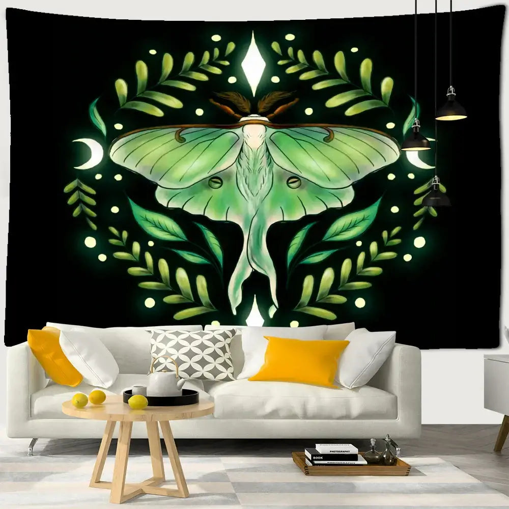 Boho cream and green butterfly tapestry featuring a vibrant green moth with glowing white diamond for bedroom decorbites butterfly tapestry