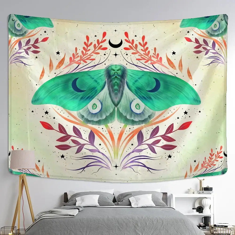 A vibrant green moth with crescent moon eyes on a cream decorbites butterfly tapestry with colorful leaves and stars