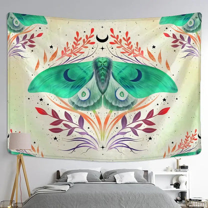 A vibrant green moth with crescent moon eyes on a cream decorbites butterfly tapestry with colorful leaves and stars