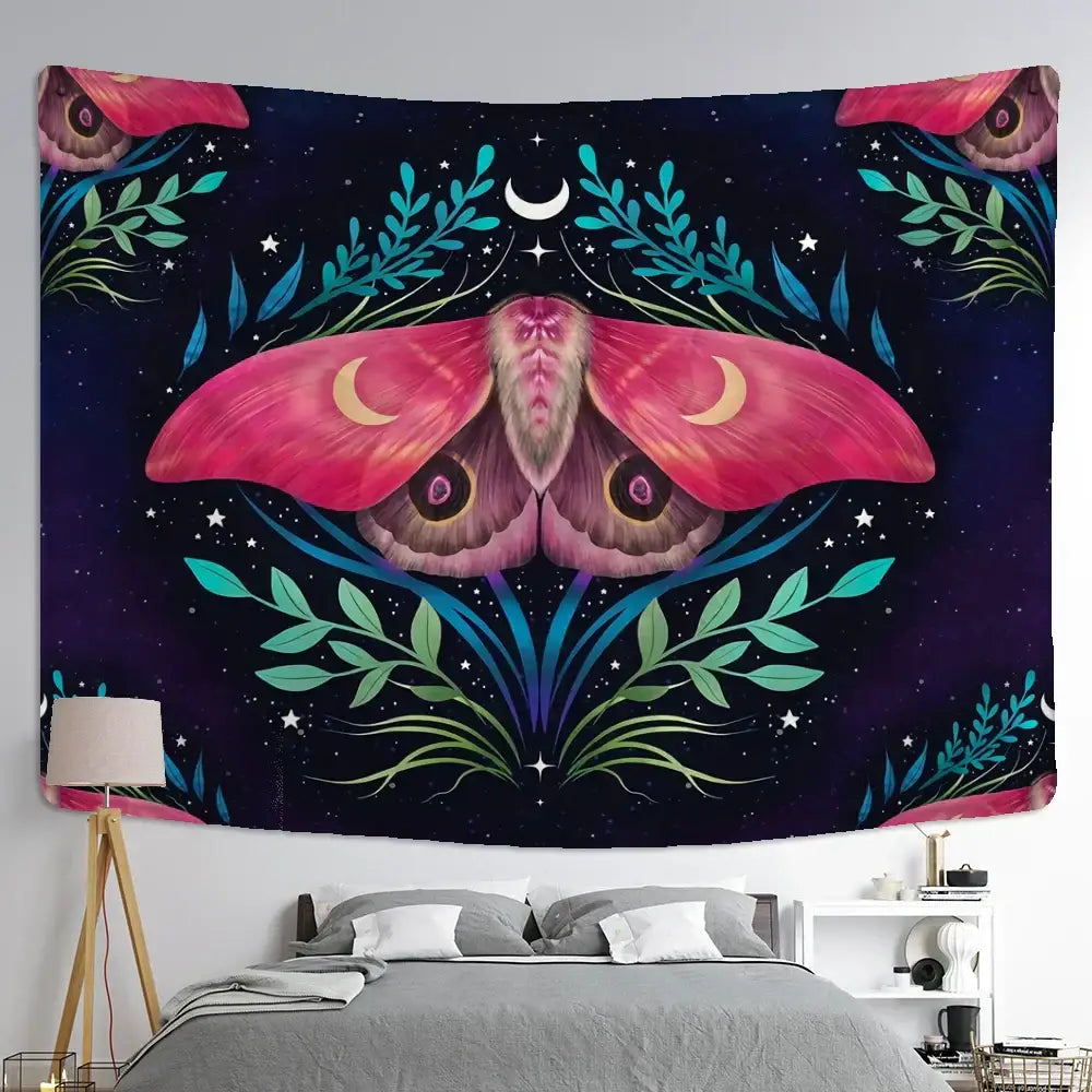 Boho cream and green butterfly tapestry featuring a vibrant pink purple moth with crescent moons for decorbites butterfly decor