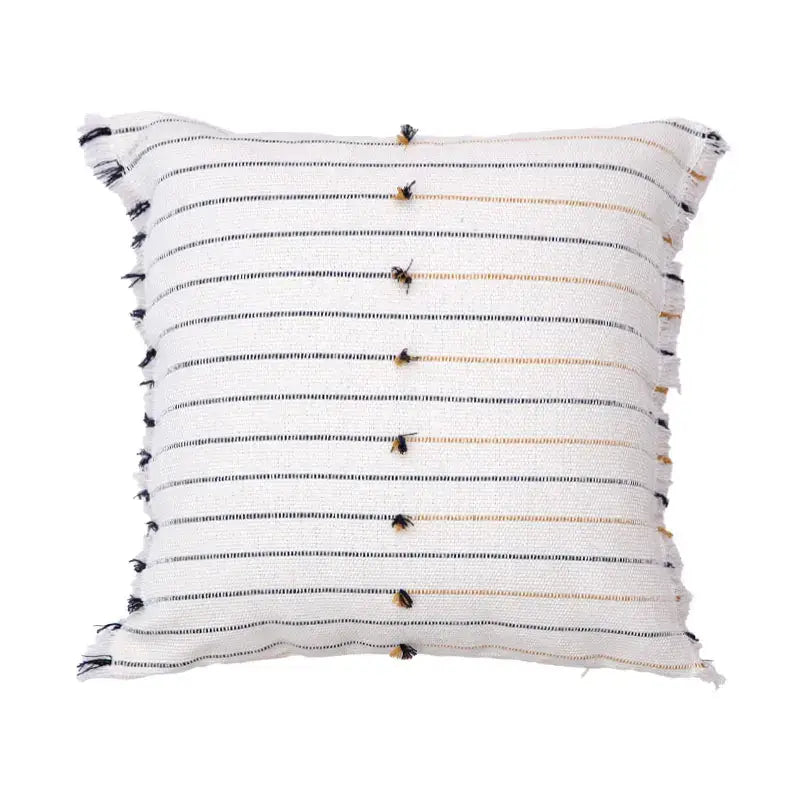 Boho cream and black decorbites handmade cotton woven cushion with frayed edges and tassels for living room decor