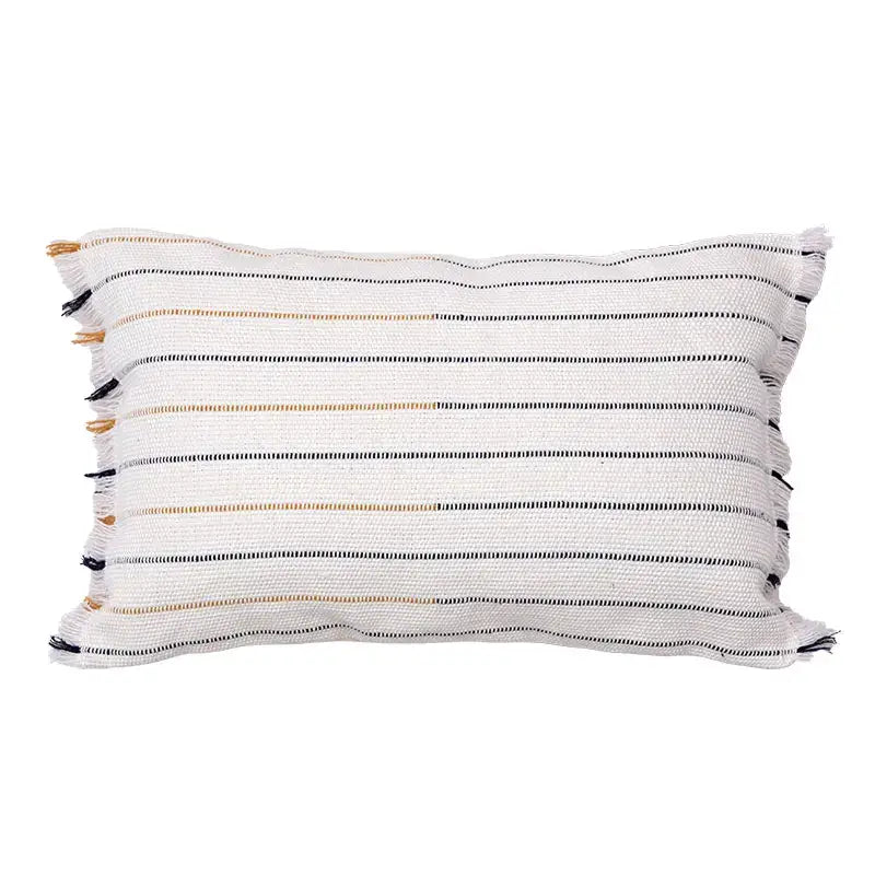 Rectangular decorbites handmade cotton woven cushion with cream base black and beige stripes and frayed edges for living room decor
