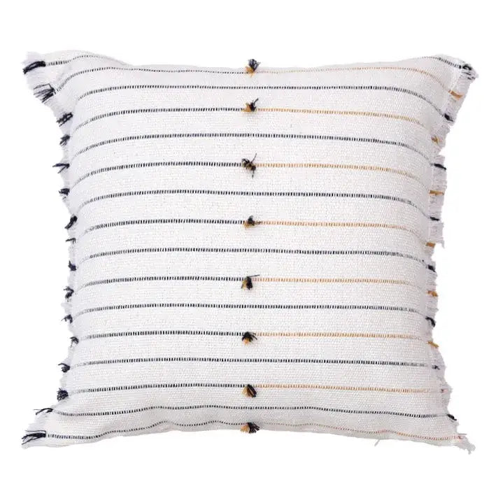 Boho cream and black decorbites handmade cotton woven throw pillow with horizontal stripes tassels and frayed edges