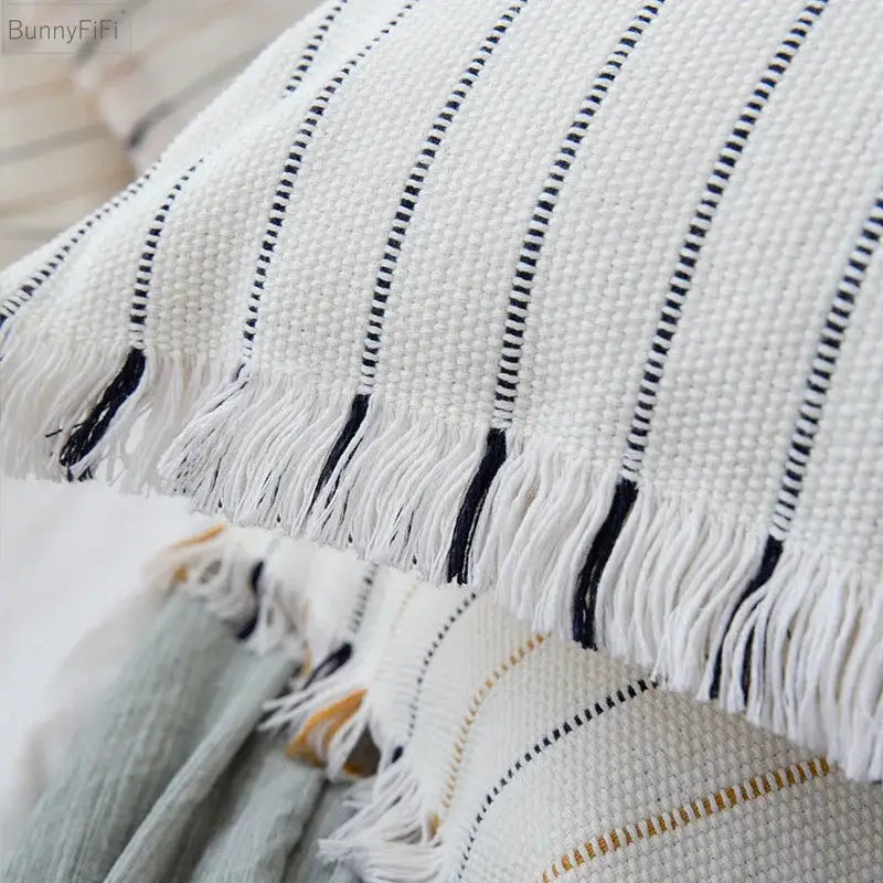 Boho cream and black decorbites handmade cotton woven cushion with black stripes and white fringe for living room decor