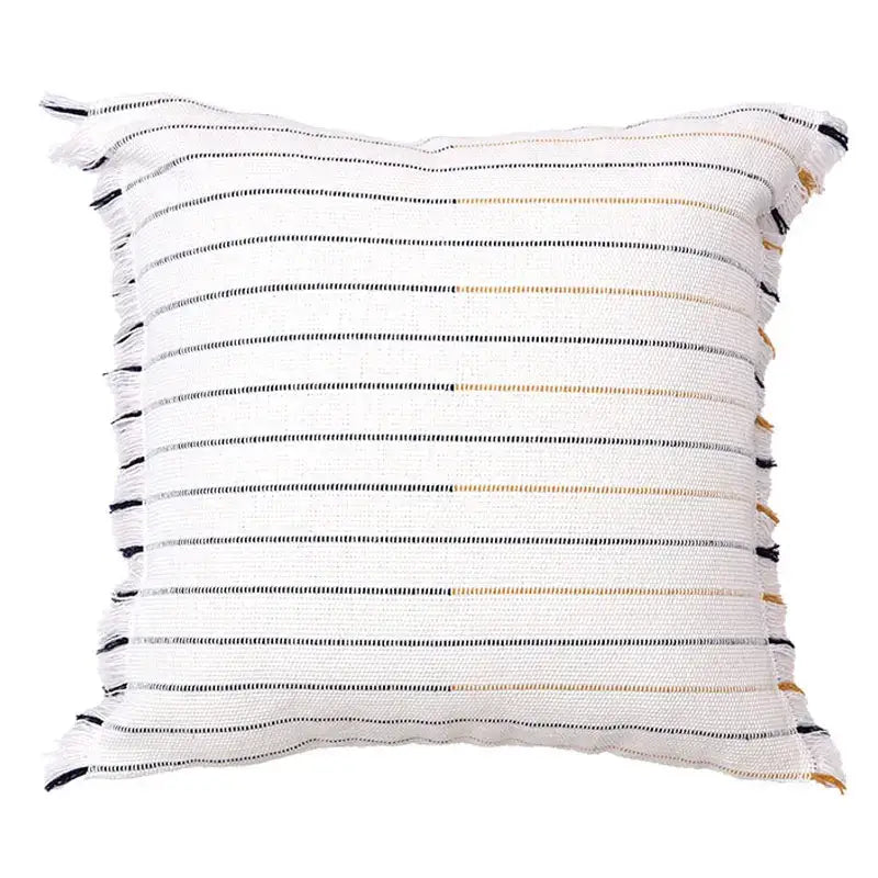 Boho cream and black decorbites handmade cotton woven cushion with textured stripes and frayed edges for living room decor