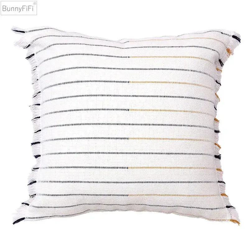Boho cream and black decorbites handmade cotton woven cushion with horizontal stripes and frayed edges living room pillow