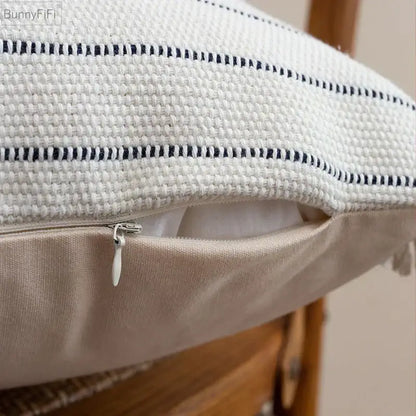 Bohob cream and black decorbites handmade cotton woven cushion with white pillow cover navy dotted stripes and beige zipper
