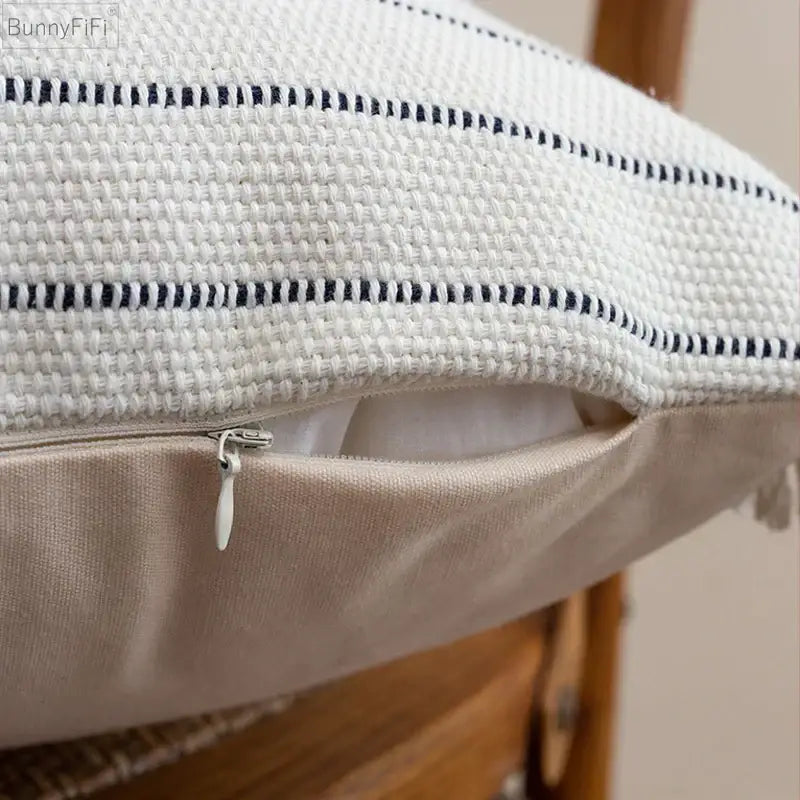 Bohob cream and black decorbites handmade cotton woven cushion with white pillow cover navy dotted stripes and beige zipper