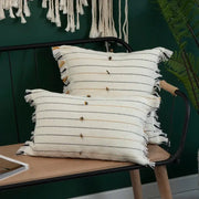 Boho cream and black handmade cotton woven throw pillows with frayed edges and metallic accents for living room decorbites handmade cotton