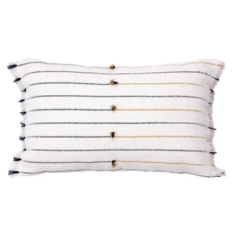 Boho cream and black handmade cotton woven rectangular cushion with horizontal stripes and tassels for living room decor