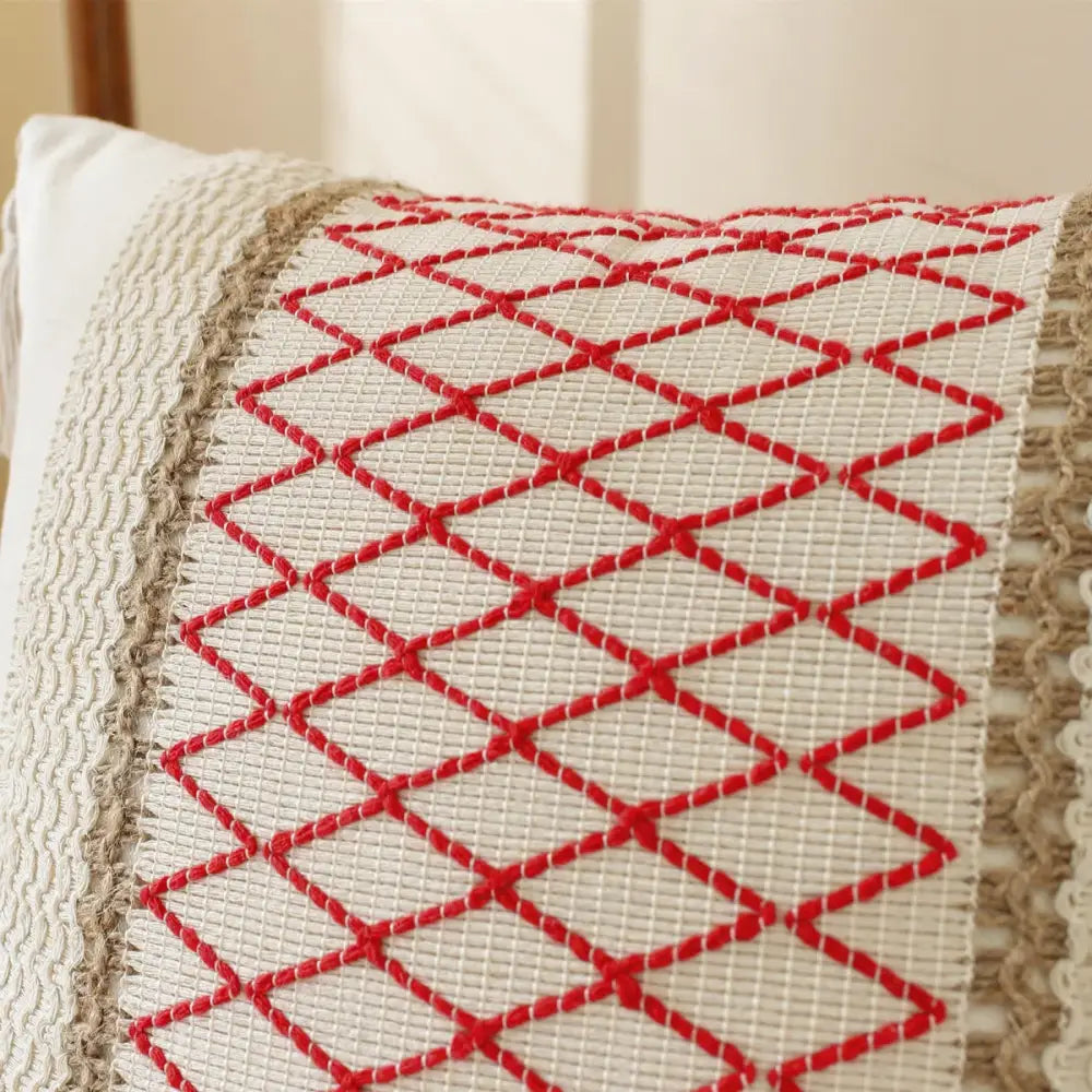Boho cream and red embroidered woven cushion cover with tasseled textured beige border for living room decor
