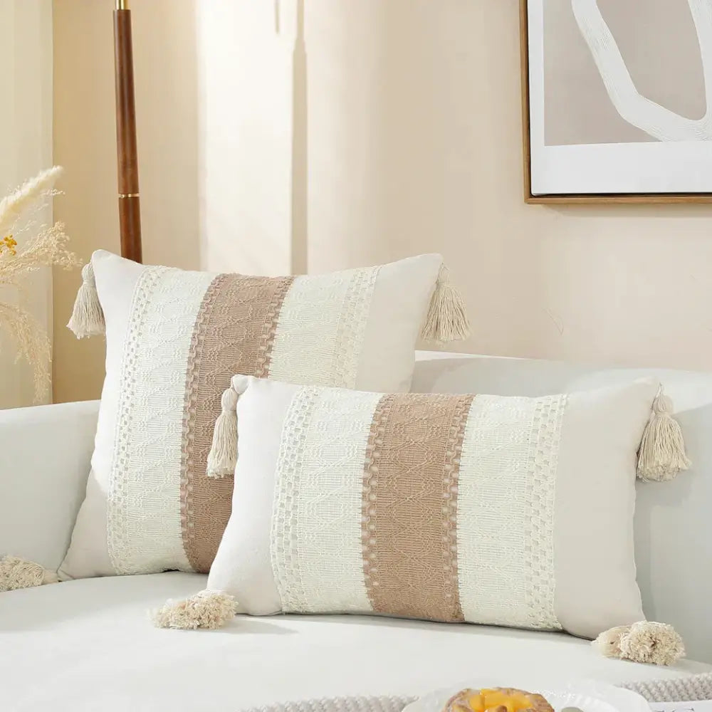 Boho cream and beige striped woven cushion cover with tassel accents for living room decor