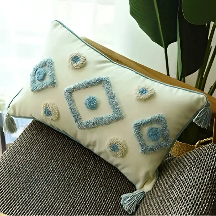 Cream-colored cushion cover with light blue and beige boho blue diamond embroidery and tassels for living room decorbites boho blue