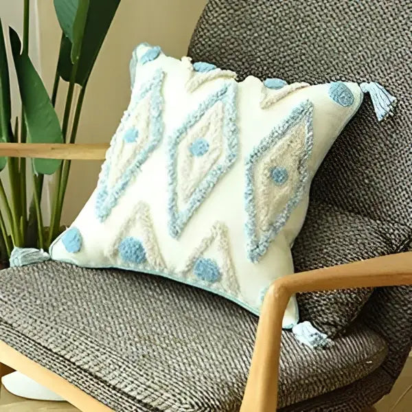 Cream-colored cushion cover with light blue boho blue diamond embroidery and tassels for living room decorbites boho style