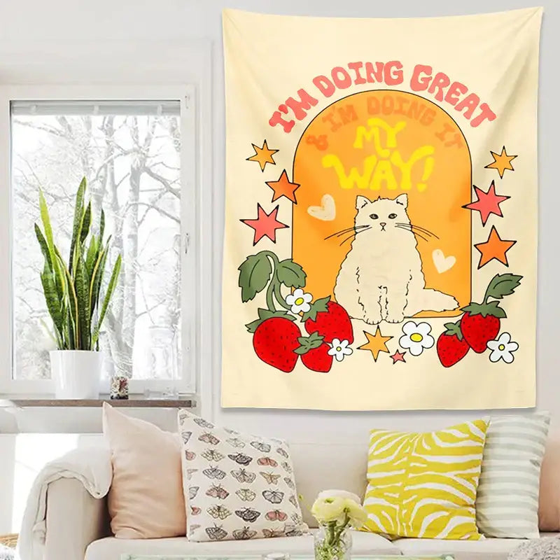 Boho cream cat star strawberry tapestry bedroom wall hanging featuring a cute cat star with strawberries and motivational text
