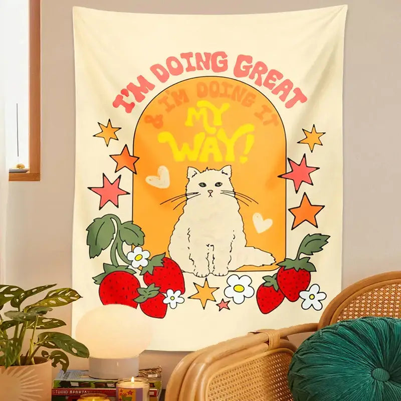 Boho cream cat star strawberry tapestry bedroom wall hanging featuring a cute cat star with strawberries and flowers