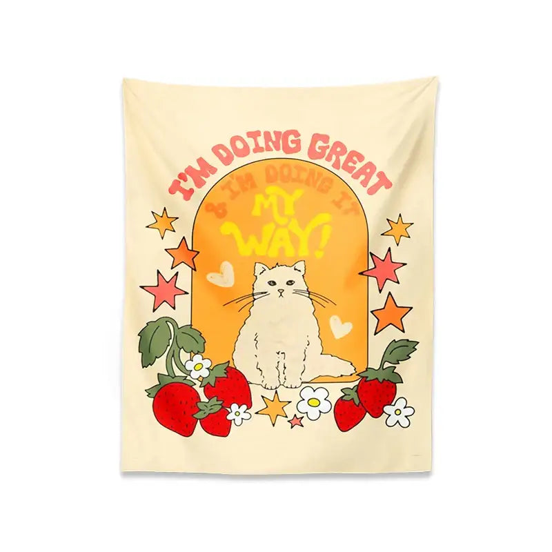 Boho cream cat star strawberry tapestry featuring a cute cat star beneath an orange arch with strawberries and stars