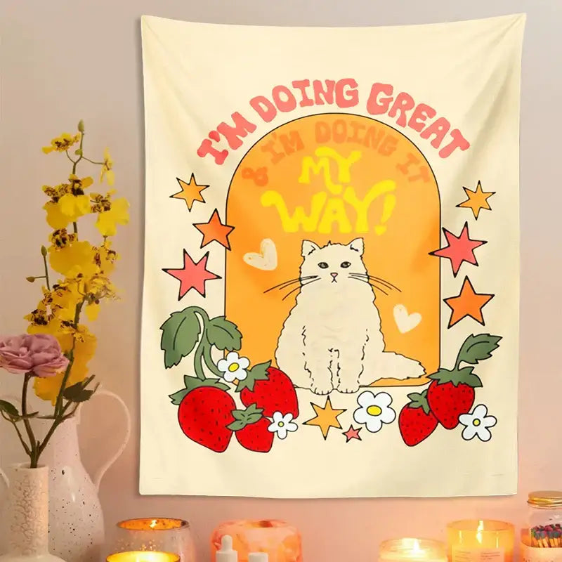 Boho cream cat star strawberry tapestry wall hanging featuring a cute cat star surrounded by strawberries and flowers